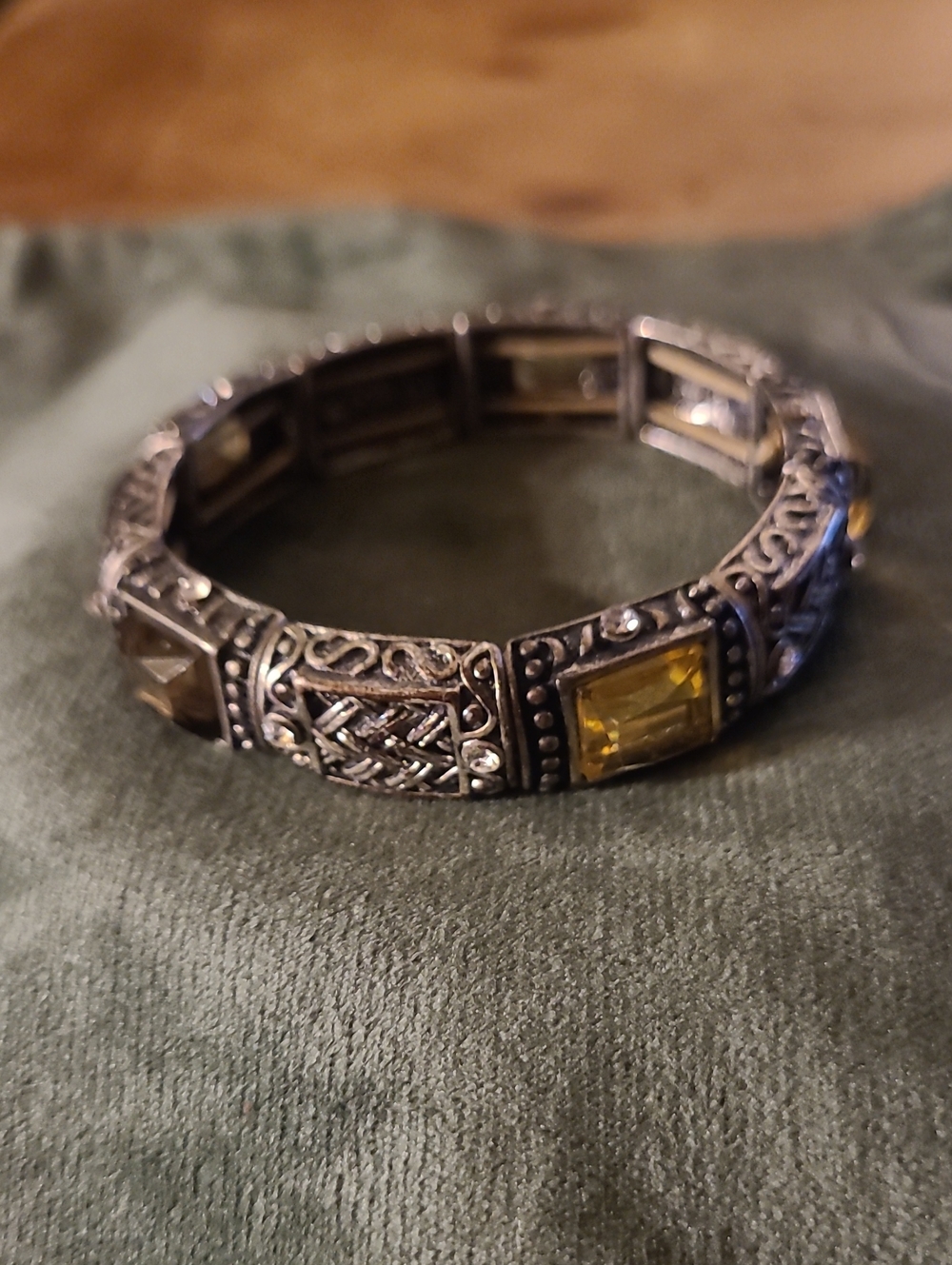 Ornate Silver Filigree Panel Stretch Bracelet Amber Crystal